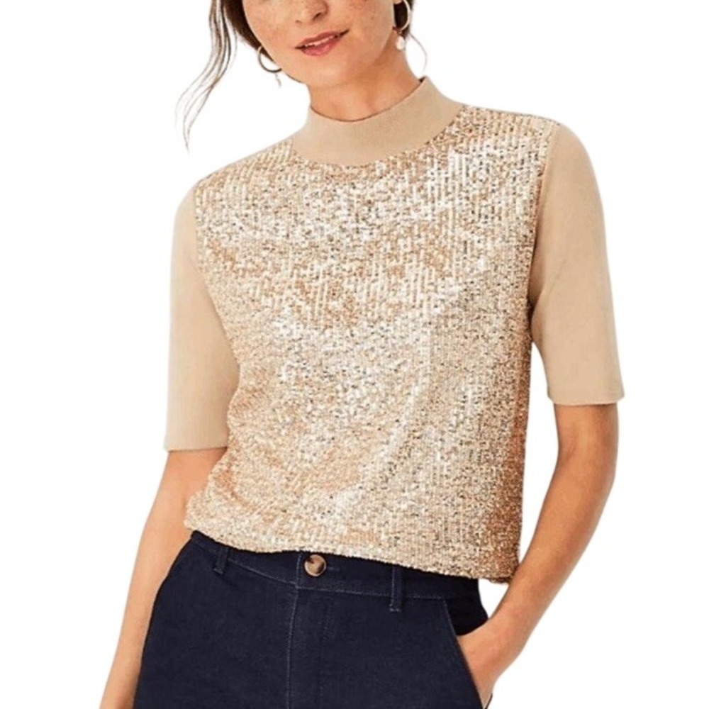 NWT Ann Taylor Gold Sequin-Front Sweater Tee Whiskey Cream Beige Small
